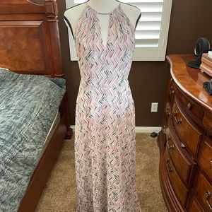 High collar, pink/nude colored, chevron patterned dress